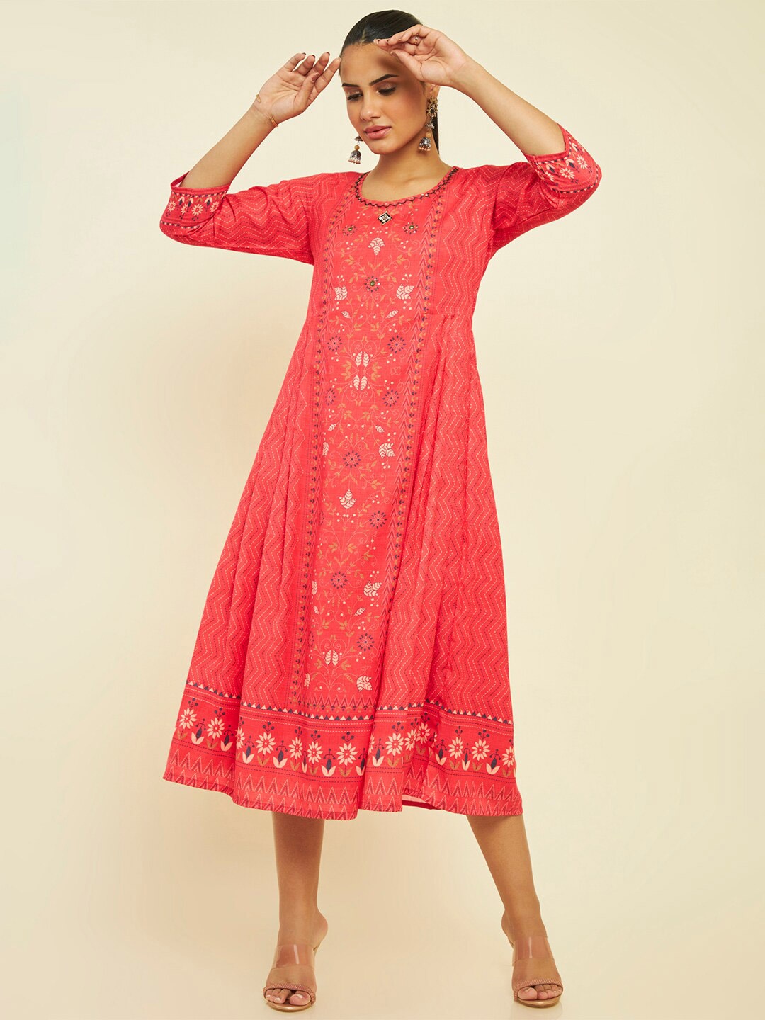 

Soch Ethnic Motif Printed A-Line Midi Ethnic Dress, Red