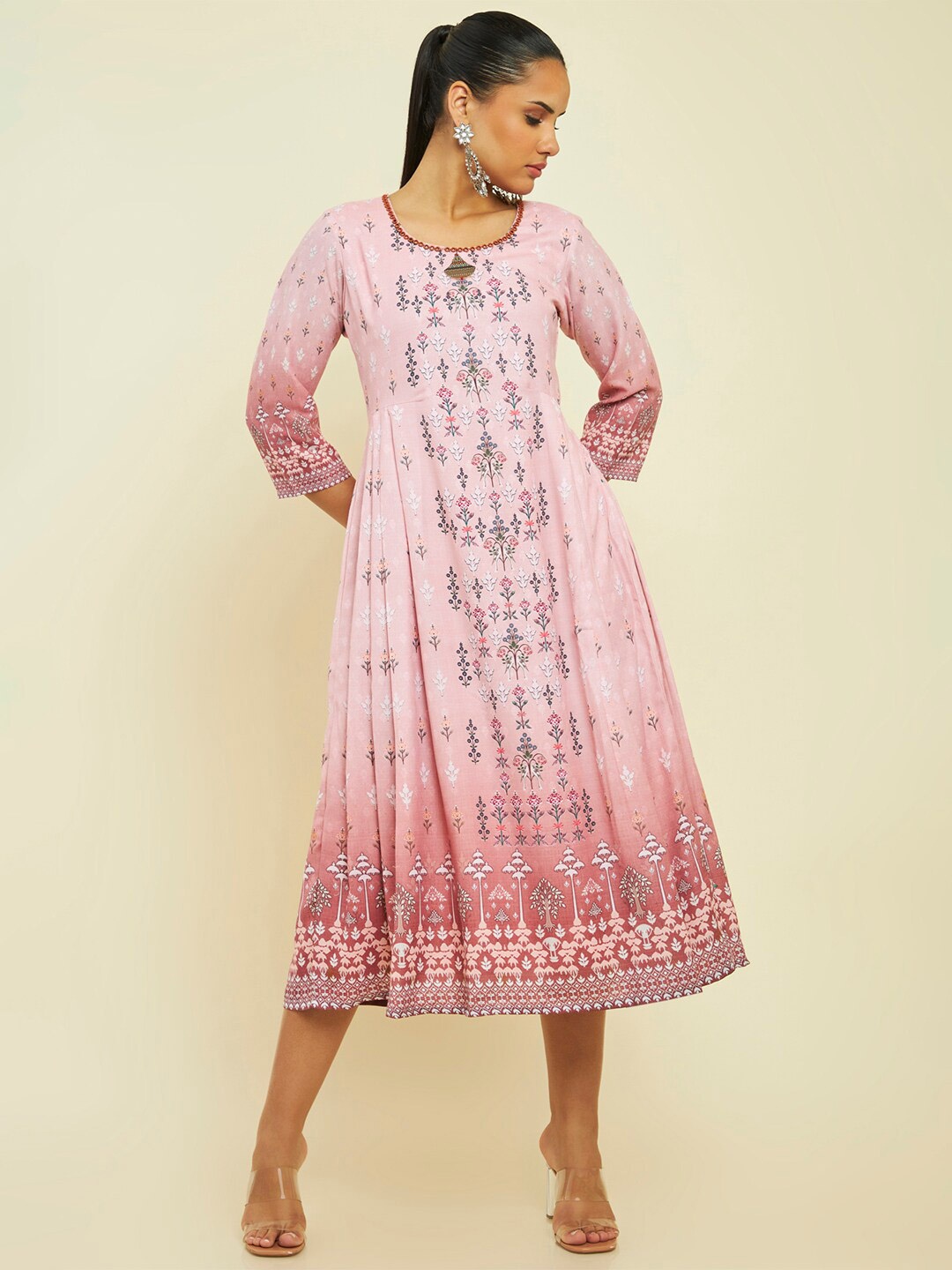 

Soch Ethnic Motifs Printed A-Line Midi Ethnic Dress, Pink