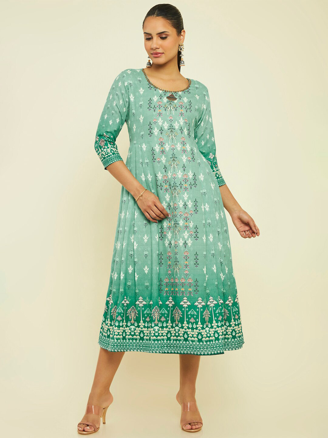 

Soch Round Neck Ethnic Motifs Printed Cotton Fit and Flare Ethnic Dress, Green
