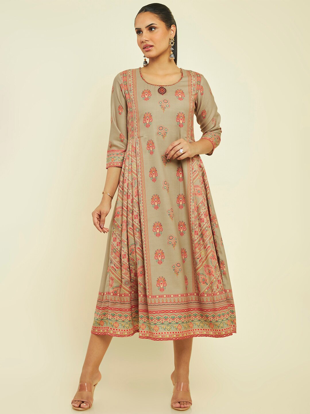 

Soch Round Neck Ethnic Motifs Printed Cotton Fit and Flare Ethnic Dress, Beige