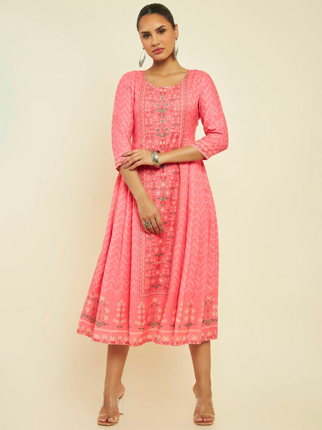 

Soch Round Neck Ethnic Motifs Printed Cotton Fit and Flare Ethnic Dress, Coral