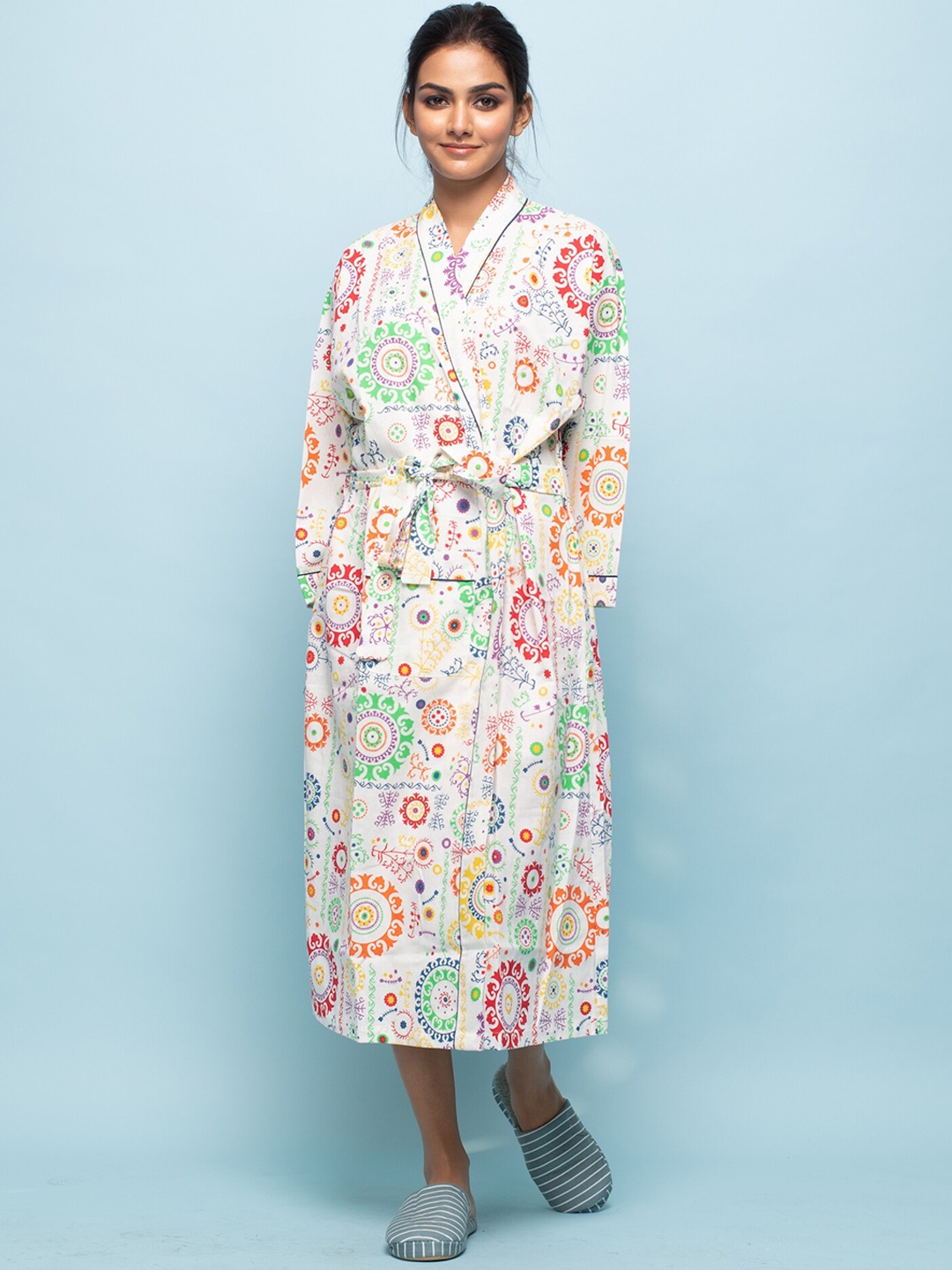 

SANSKRUTIHOMES Women Printed Midi Cotton Cover-Up Robe, White