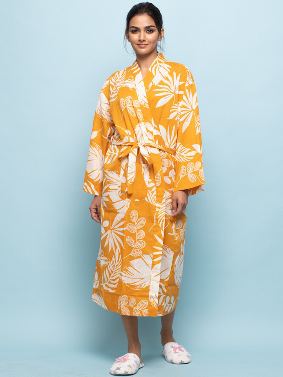 

SANSKRUTIHOMES Women Floral Printed Midi Cotton Cover-Up Robe, Yellow