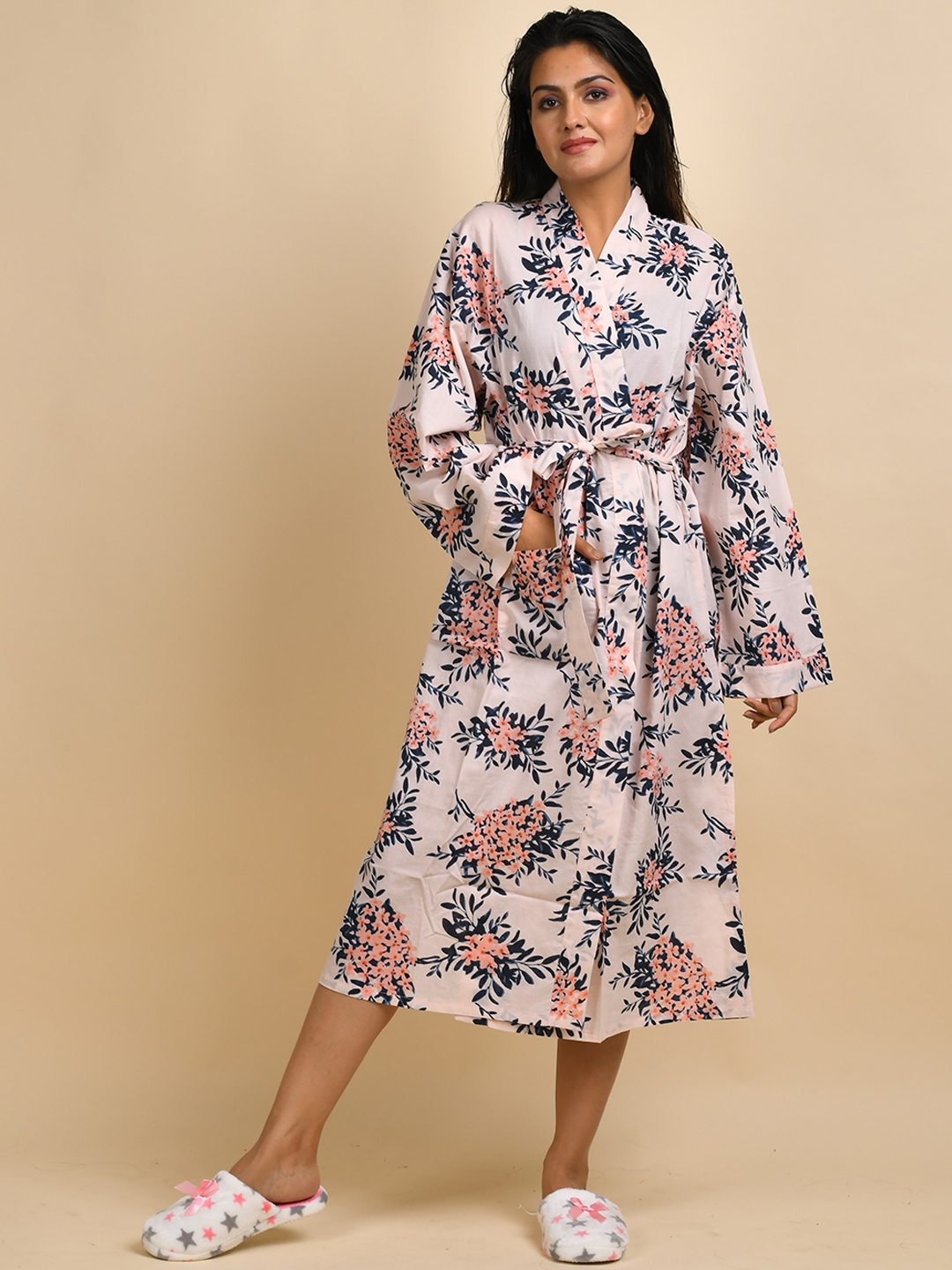 

SANSKRUTIHOMES Women Floral Printed Midi Cotton Cover-Up Robe, Pink