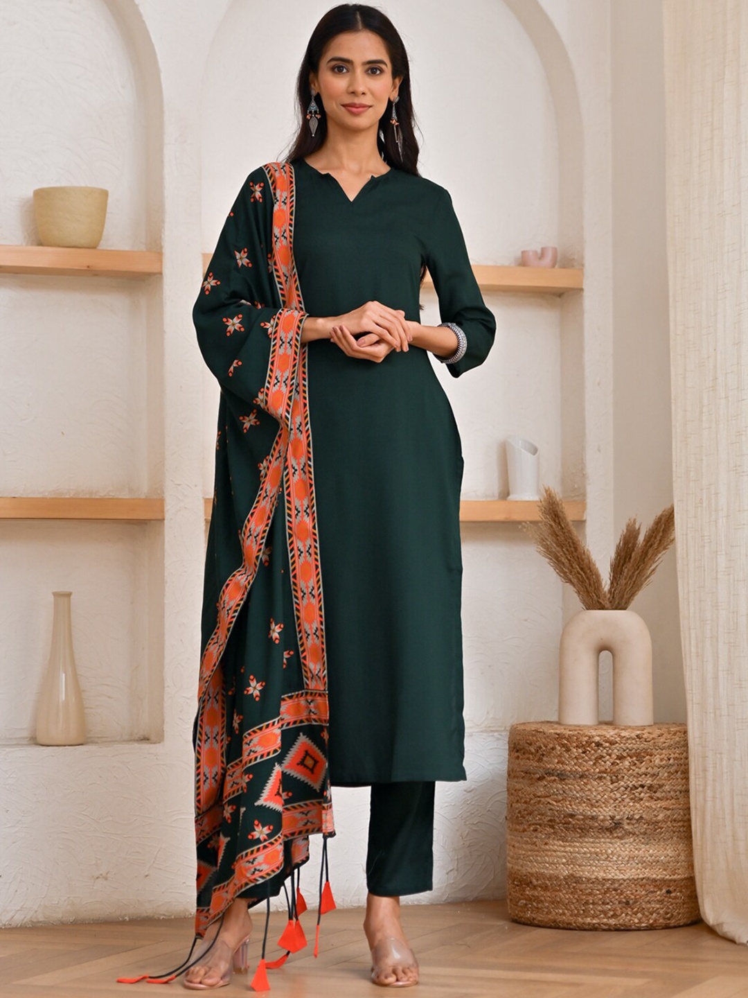 

Rustorange Women Green Regular Kurta with Trousers & Dupatta