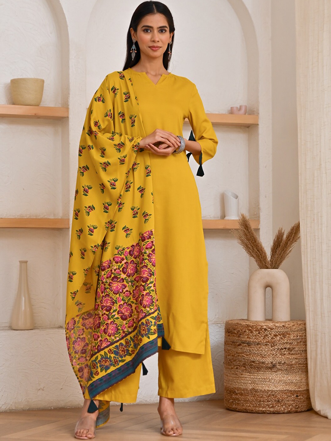 

Rustorange Notched Neck Straight Kurta with Palazzos & Dupatta, Mustard