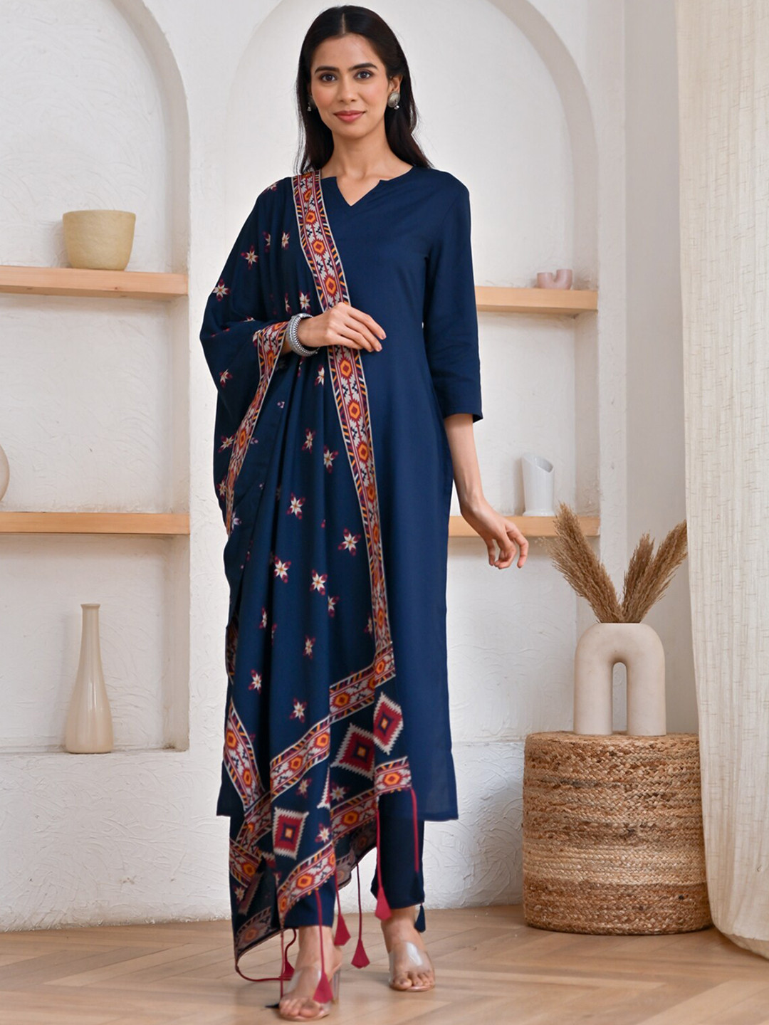

Rustorange Notched Neck Straight Kurta with Trousers & Dupatta, Navy blue