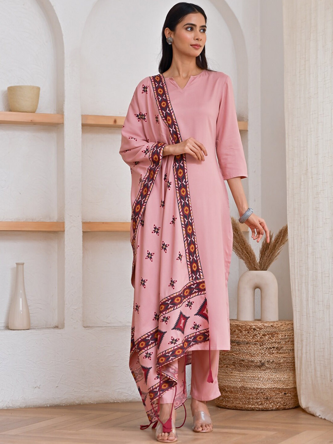 

Rustorange Notched Neck Straight Kurta with Trousers & Dupatta, Pink