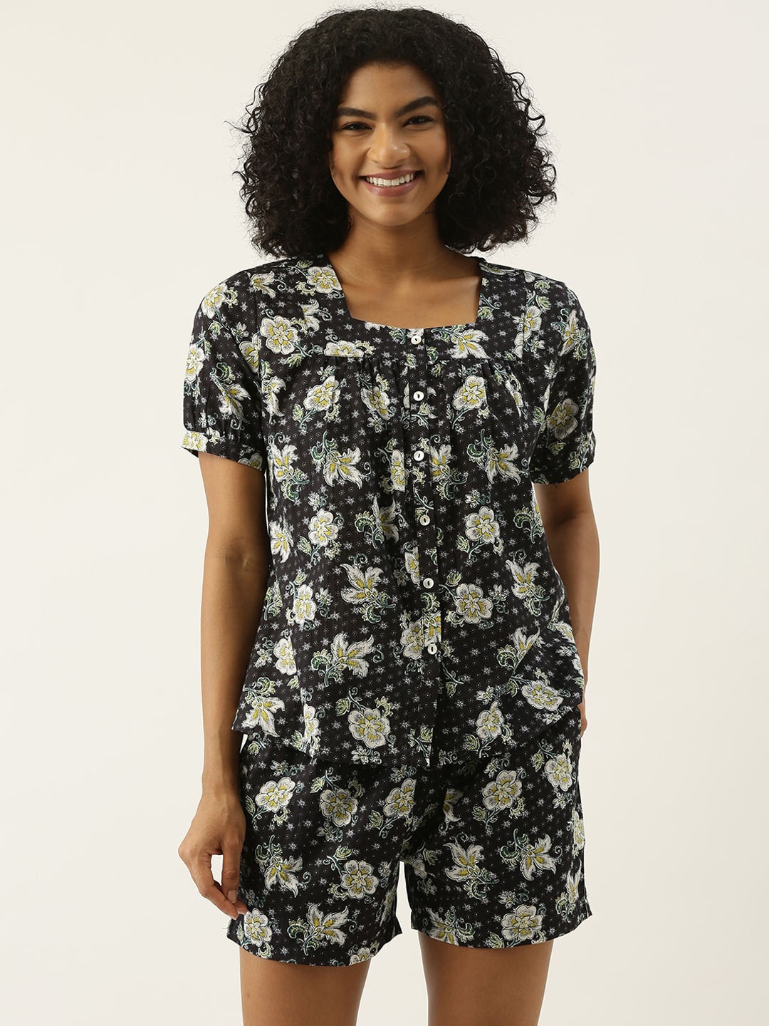

SANSKRUTIHOMES Floral Printed Pure Cotton Night Suit, Navy blue