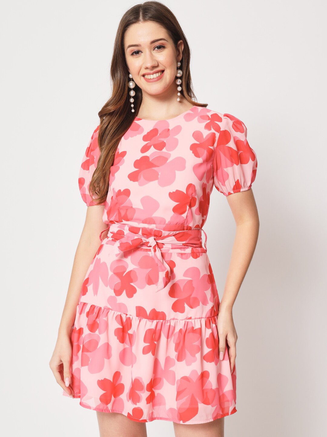 

CHARMGAL Floral Printed Puff Sleeves Fit & Flare Dress, Red