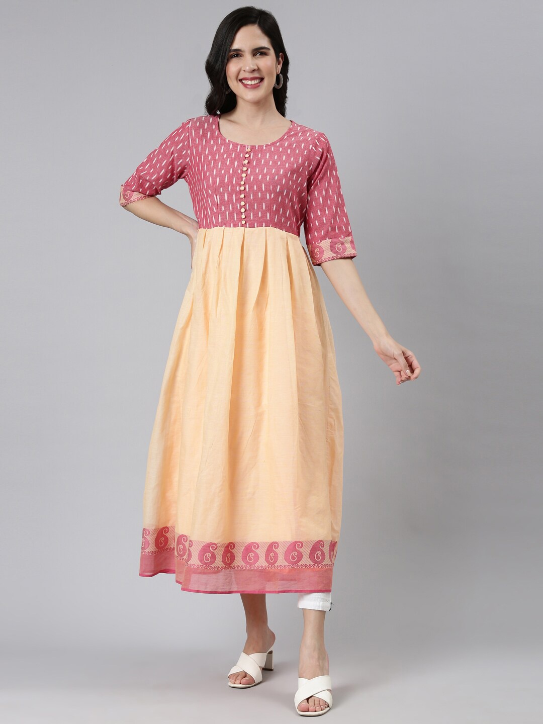 

FLAVIDO Woven Design Round Neck Pure Cotton Anarkali Kurta, Orange