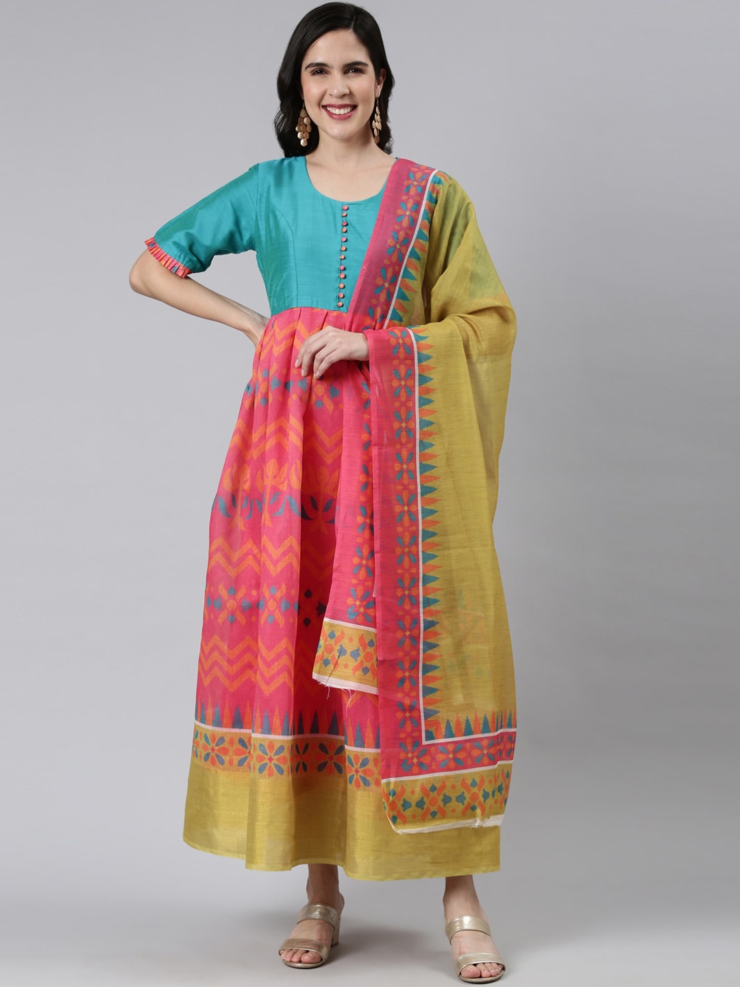 

FLAVIDO Ethnic Motifs Printed Chanderi Silk Anarkali Kurta With Dupatta, Pink