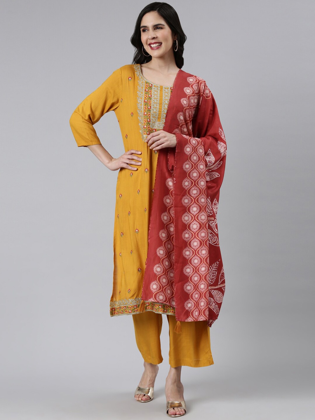 

FLAVIDO Floral Embroidered Zari Detail Kurta with Palazzos & Dupatta, Mustard