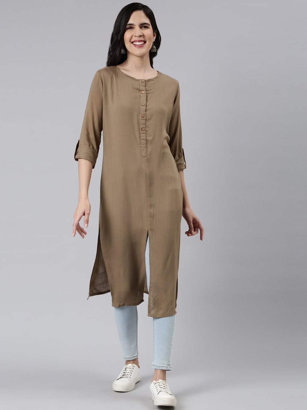 

FLAVIDO Roll-Up Sleeves Straight Regular Kurta, Brown