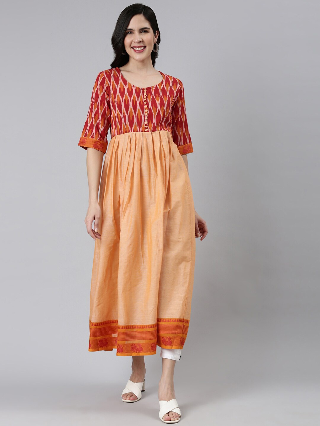

FLAVIDO Woven Design Round Neck Pure Cotton Anarkali Kurta, Orange