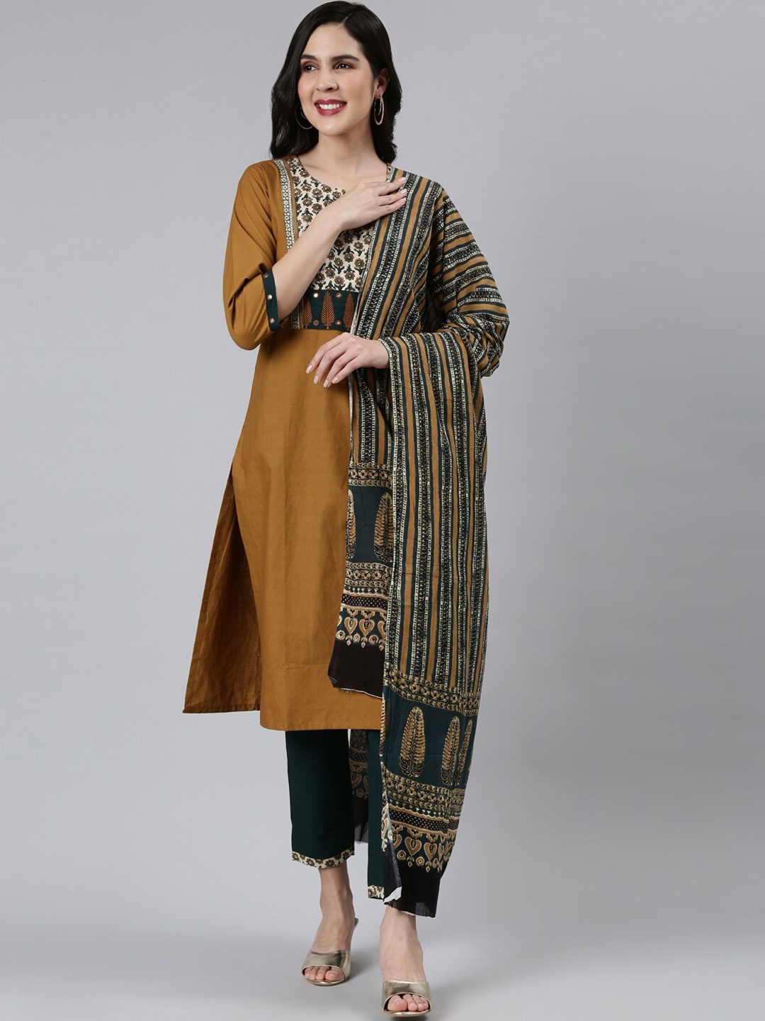 

FLAVIDO Floral Yoke Design Pure Mirror Work Cotton Kurta with Trousers & Dupatta, Mustard