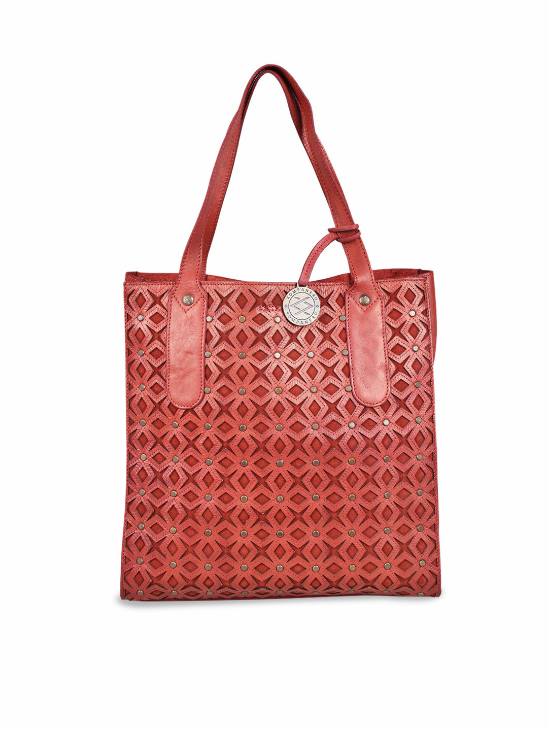 

KOMPANERO Printed Leather Structured Handheld Bag with Cut Work, Red