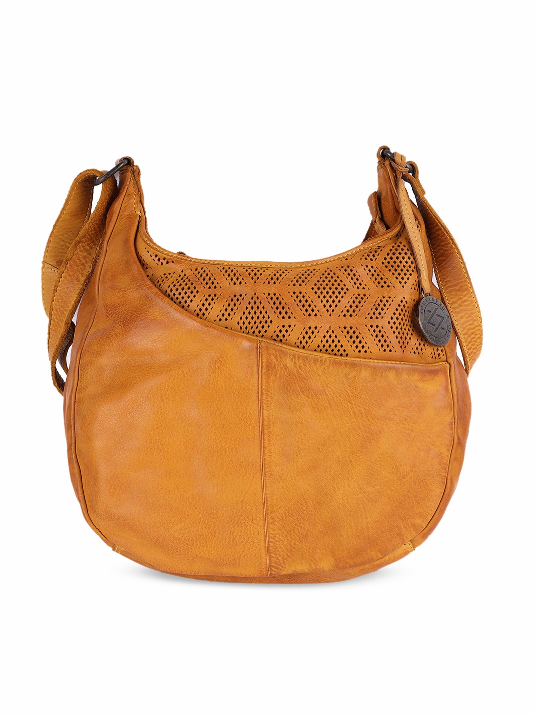 

KOMPANERO Leather Oversized Half Moon Sling Bag with Cut Work, Yellow