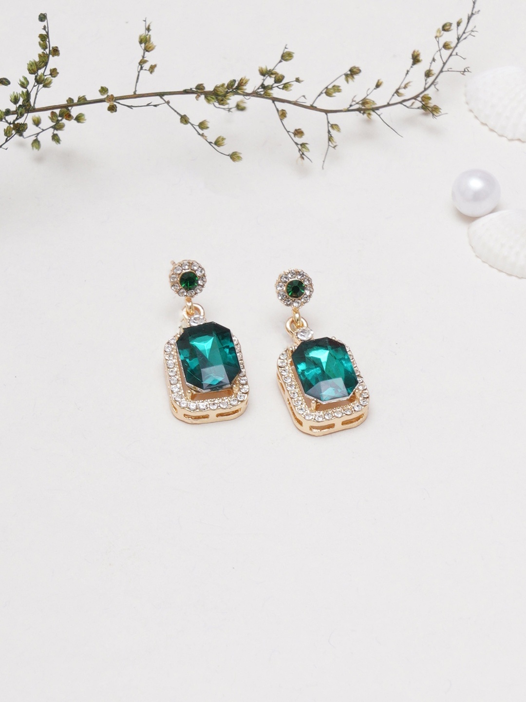 

Klissaa Gold-Plated Stone Studded & Beaded Drop Earrings, Green
