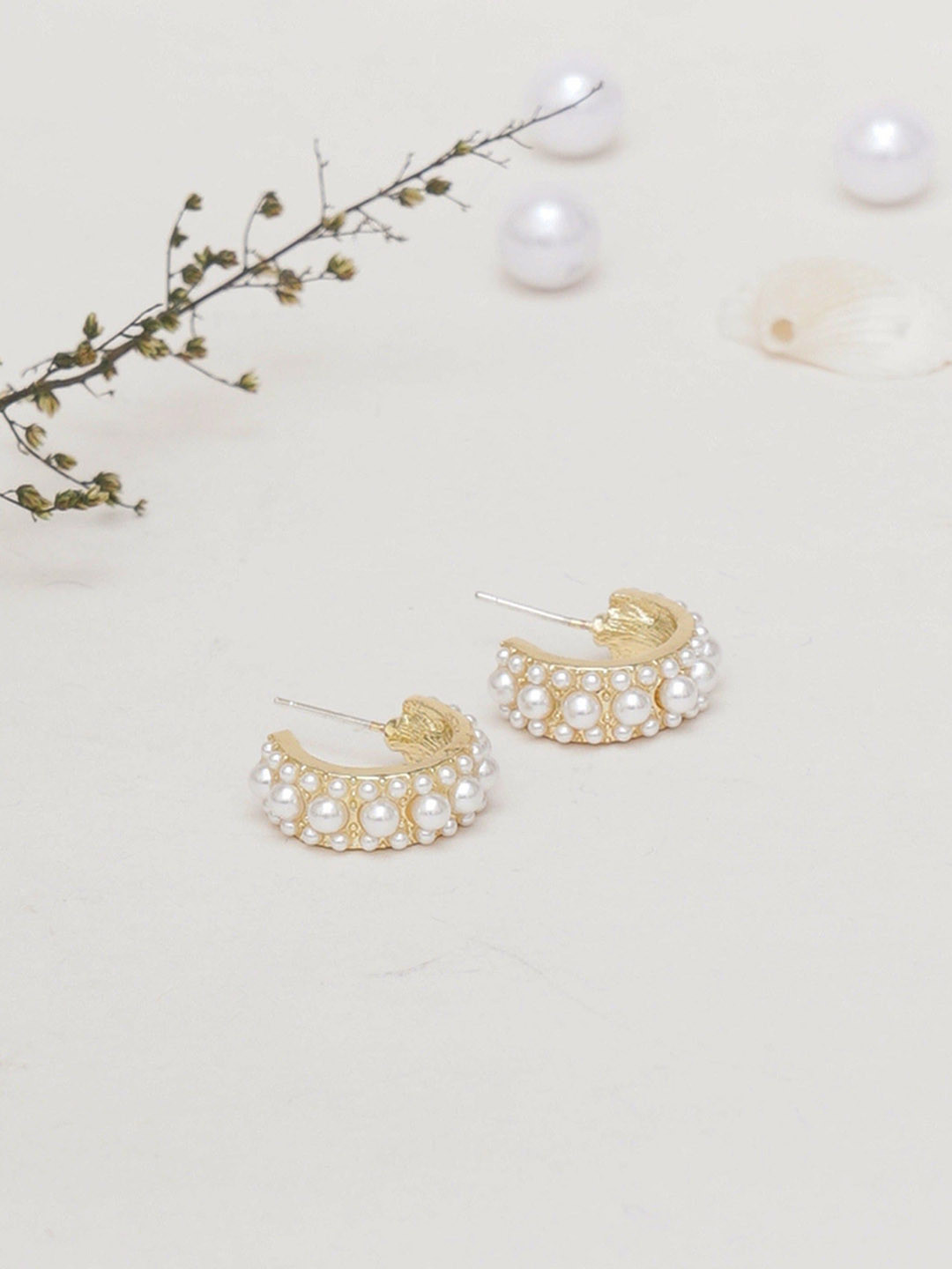 

Klissaa Gold-Plated Pearl Studded Half Hoop Earrings, White