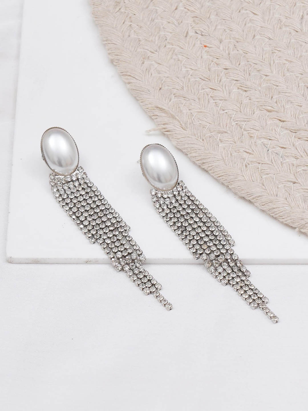 

Klissaa Gold-Plated Stone Studded Tassel Drop Earrings, White