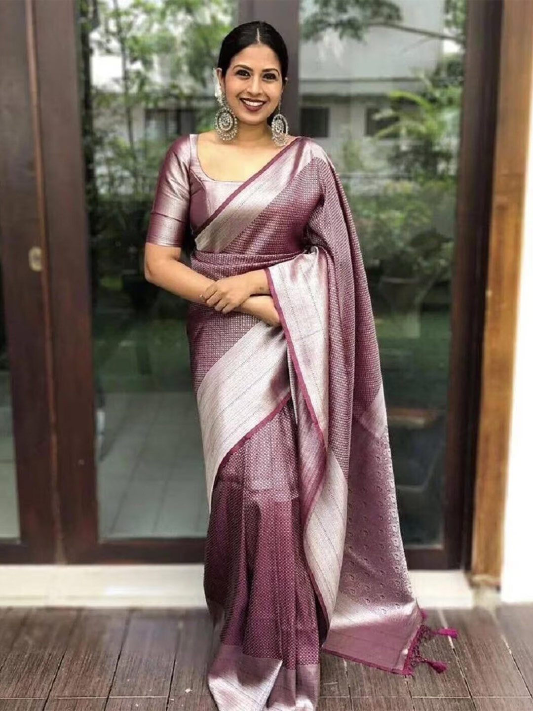 

M M Venture Woven Design Zari Pure Silk Saree, Purple