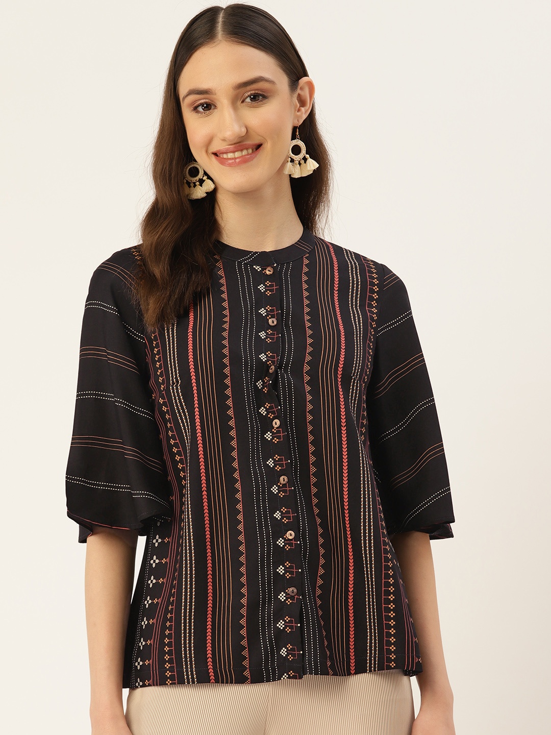 

ZIZO By Namrata Bajaj Striped Mandarin Collar Puff Sleeve Top, Black