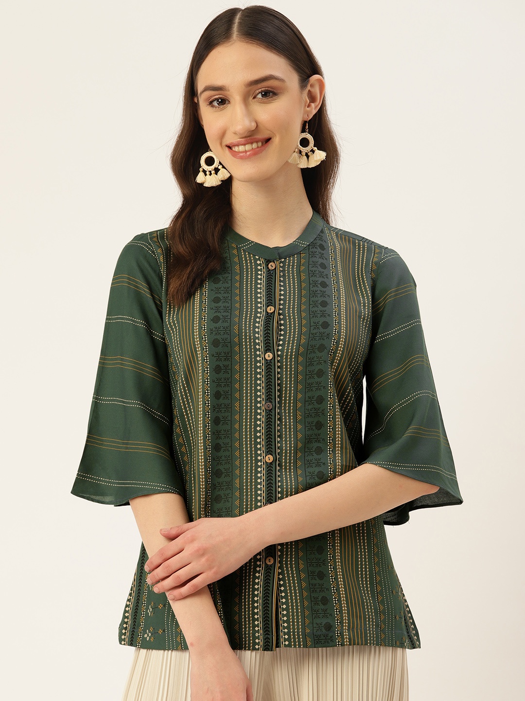 

ZIZO By Namrata Bajaj Geometric Print Mandarin Collar Bell Sleeve Top, Green