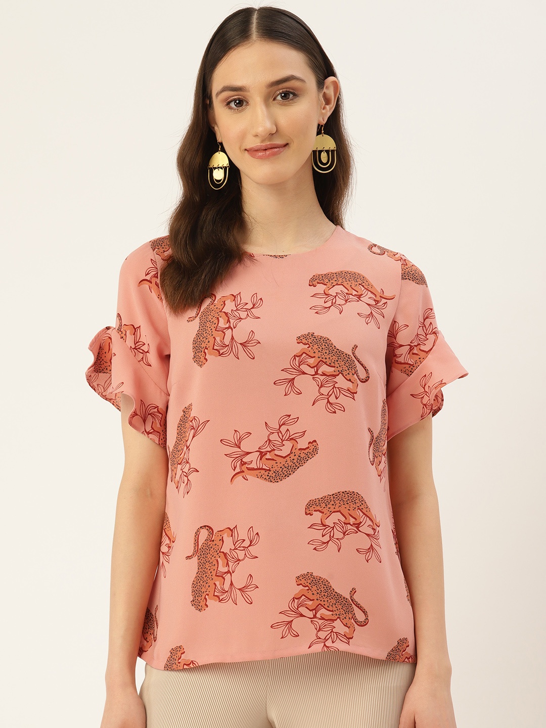 

ZIZO By Namrata Bajaj Animal Print Flared Sleeve Top, Peach