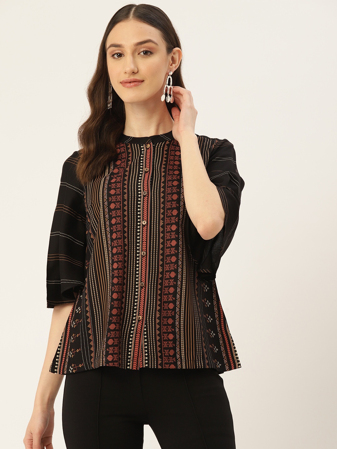 

ZIZO By Namrata Bajaj Geometric Print Mandarin Collar Bell Sleeve Top, Black