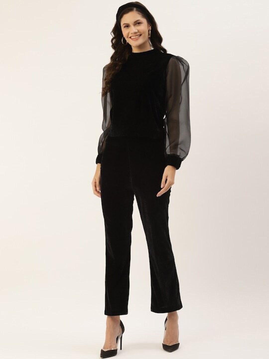 

LILL Round Neck Puff Sleeves Top With Trouser Co-Ords, Black