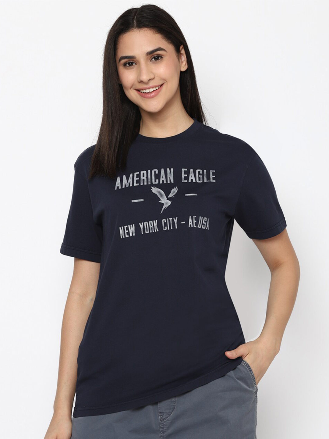 

AMERICAN EAGLE OUTFITTERS Typography Printed Pure Cotton T-shirt, Navy blue