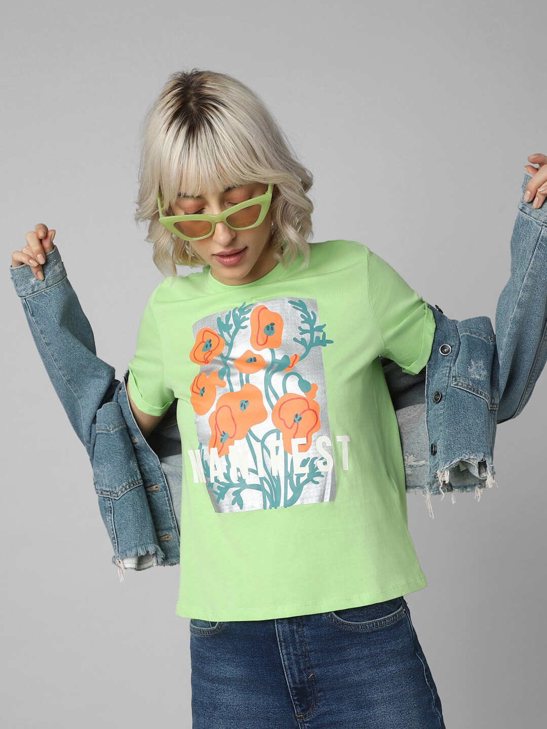 

ONLY Women Floral Printed Knitted Cotton T-shirt, Green