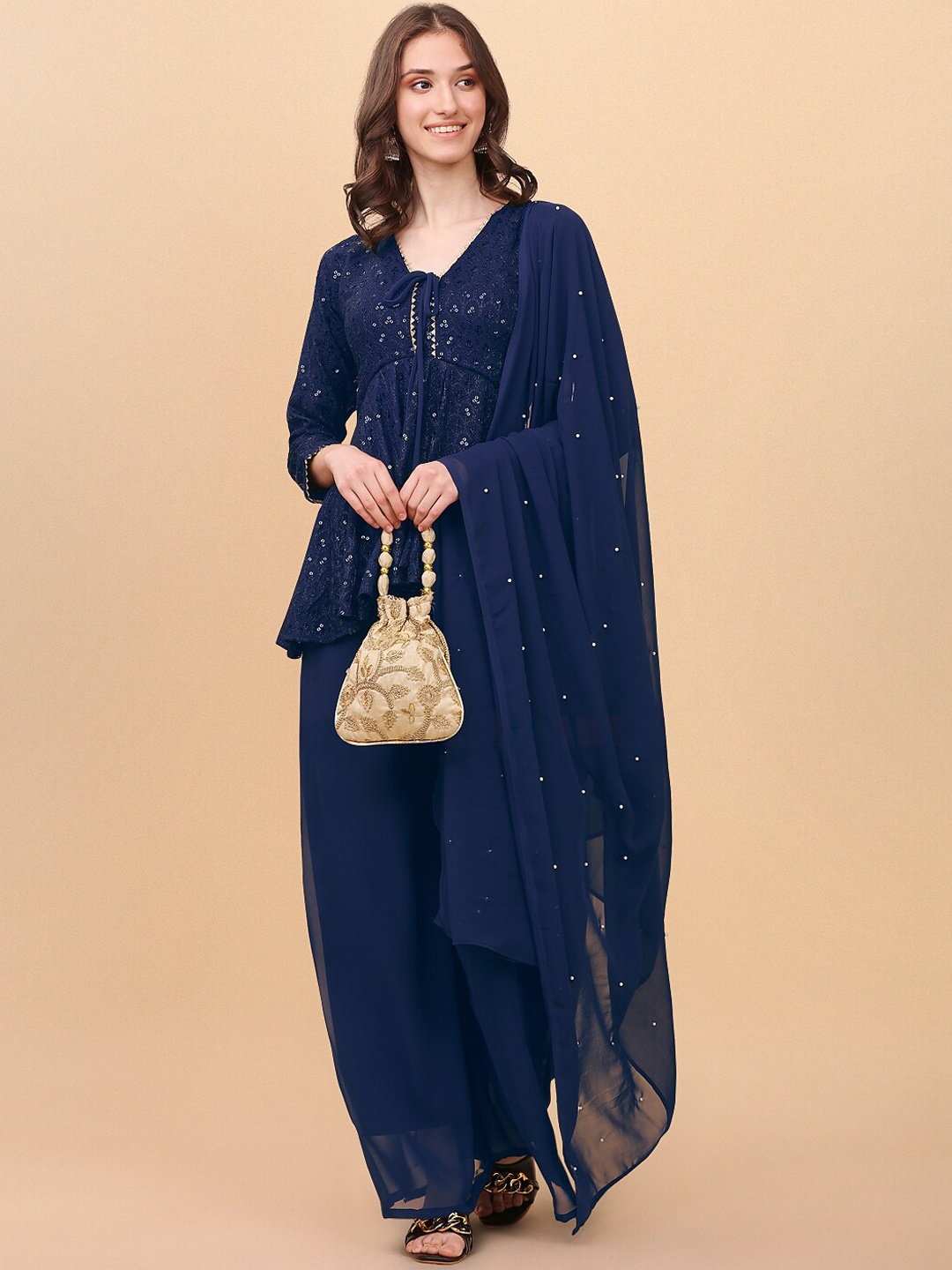 

DIVASTRI Ethnic Embroidered Sequined High-Low Kurti with Palazzos & Dupatta, Navy blue