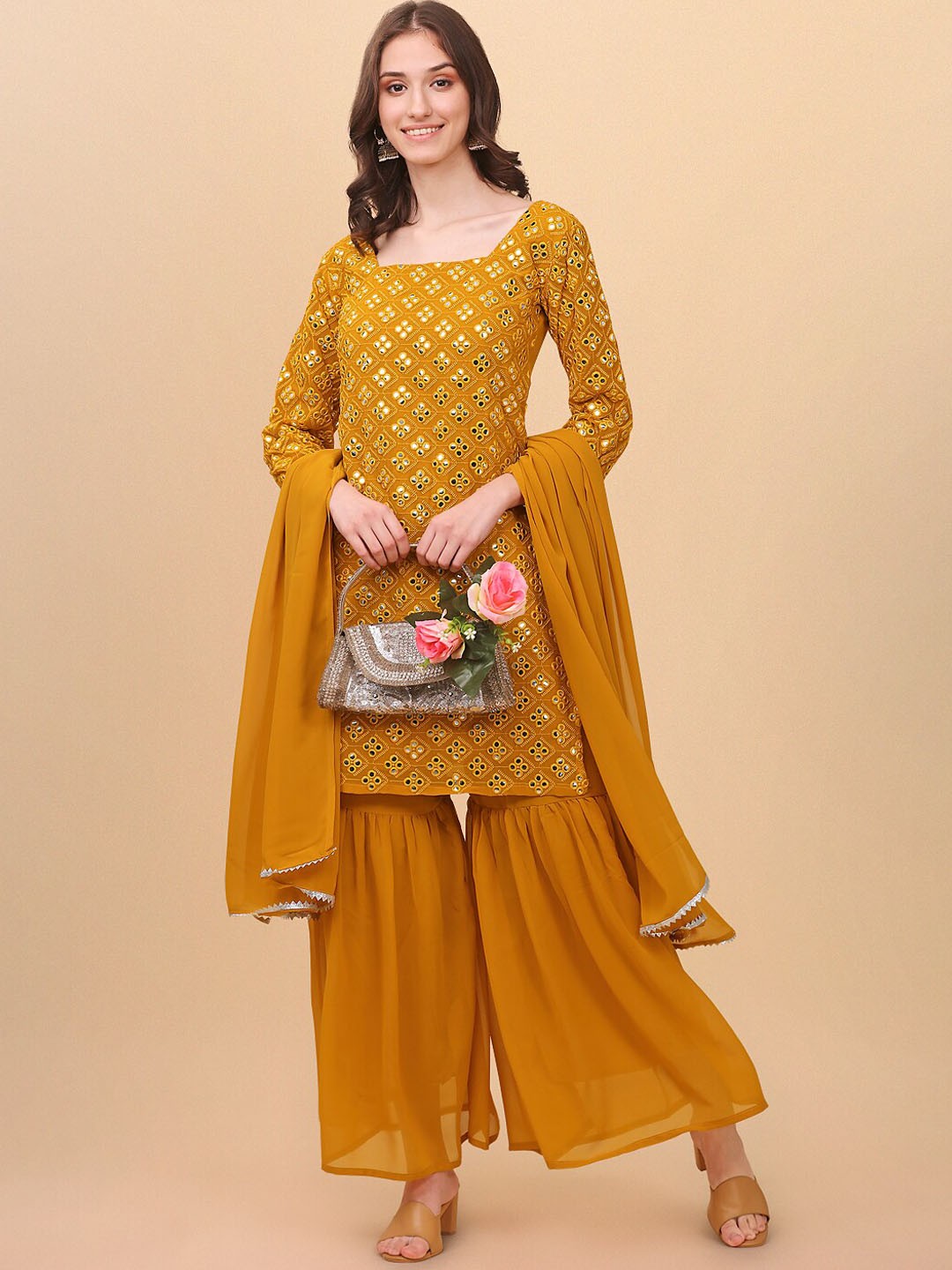 

DIVASTRI Geometric Embroidered Mirror Work Kurta with Sharara & Dupatta, Mustard