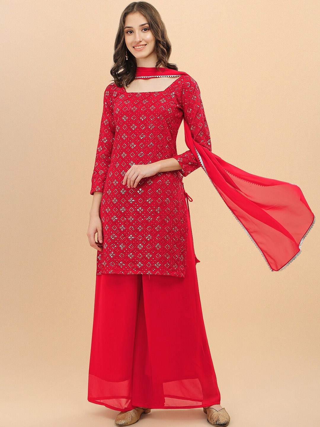 

DIVASTRI Ethnic Motifs Embroidered Sequinned Kurta with Palazzos & Dupatta, Red