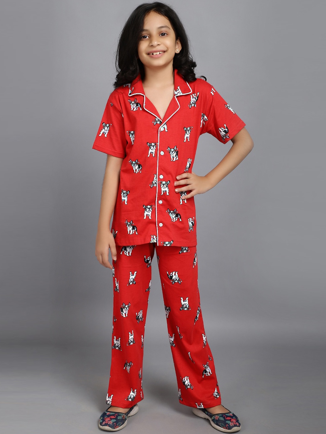 

Ninos Dreams Girls Conversational Printed Pure Cotton Night Suit, Red