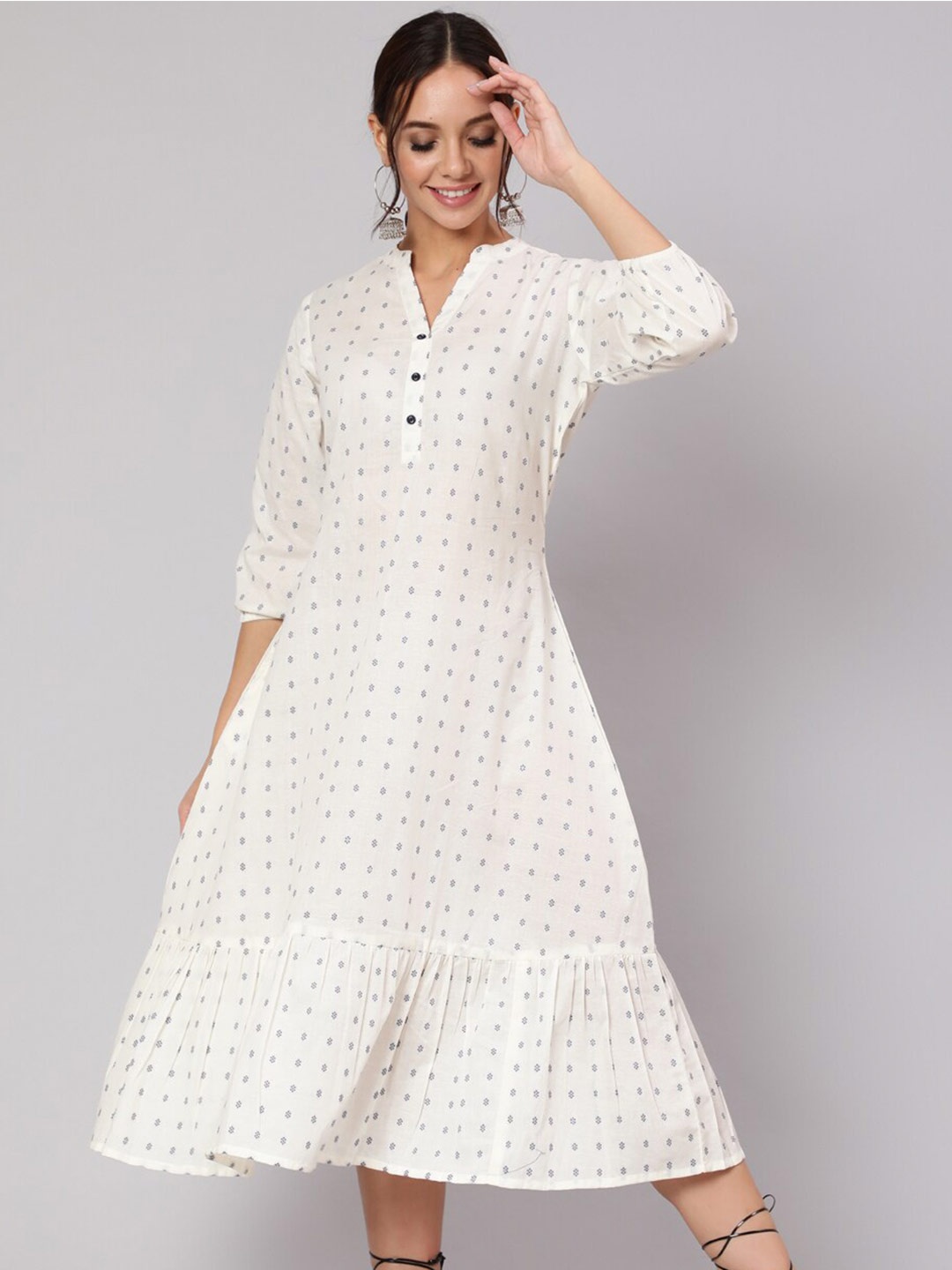 

Nayo Gathered Floral Print Puff Sleeve A-Line Midi Cotton Dress, White