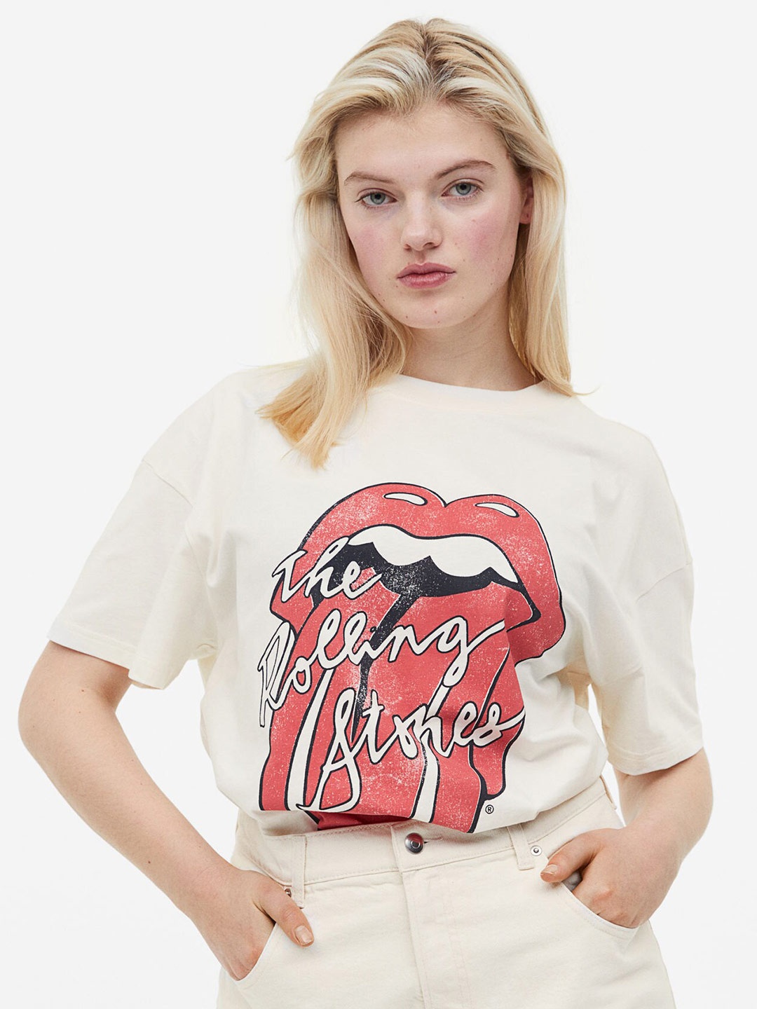 

H&M Women Oversized Printed T-shirt, Off white