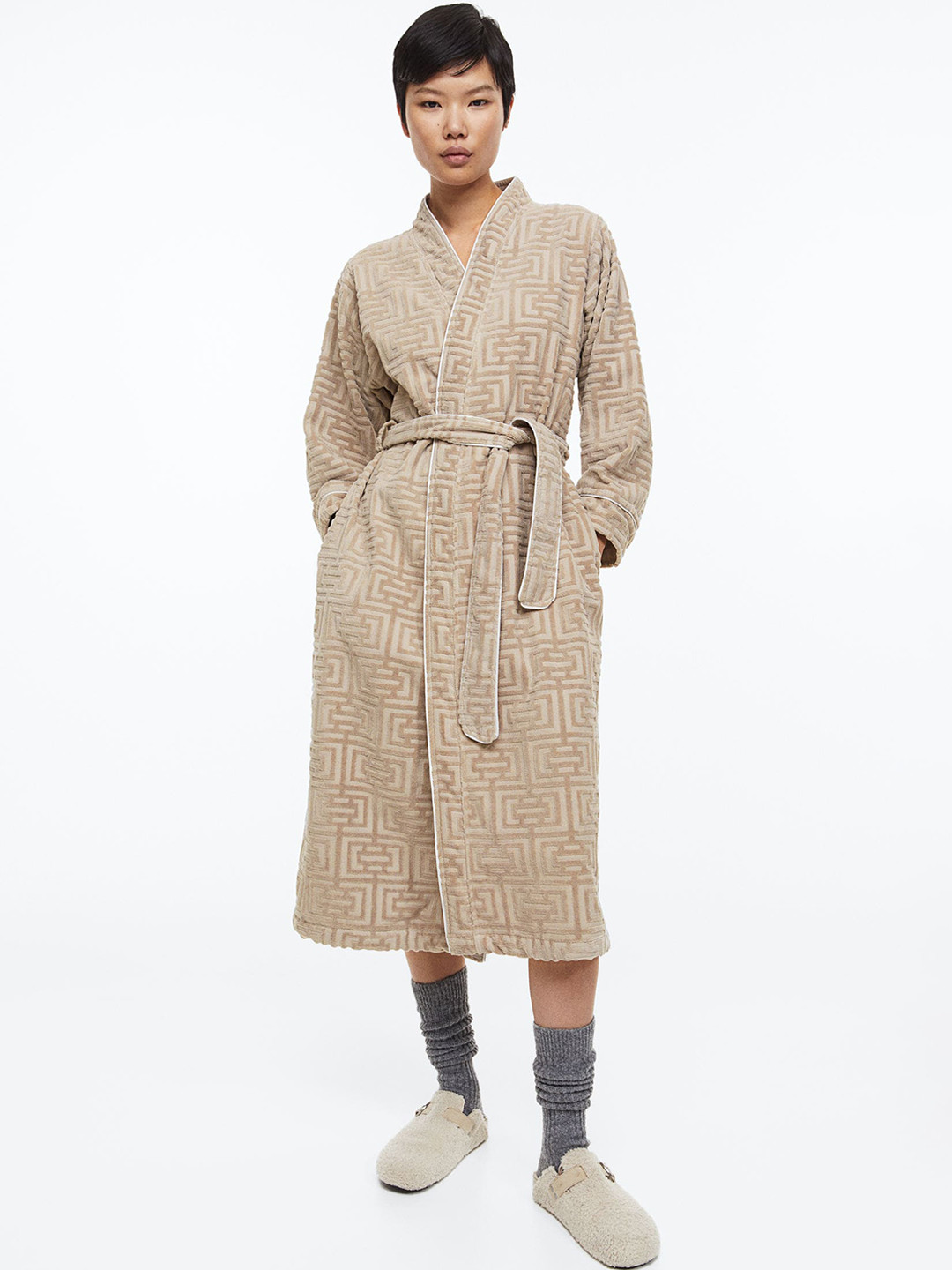 

H&M Jacquard-Patterned Pure Cotton Dressing Gown, Beige