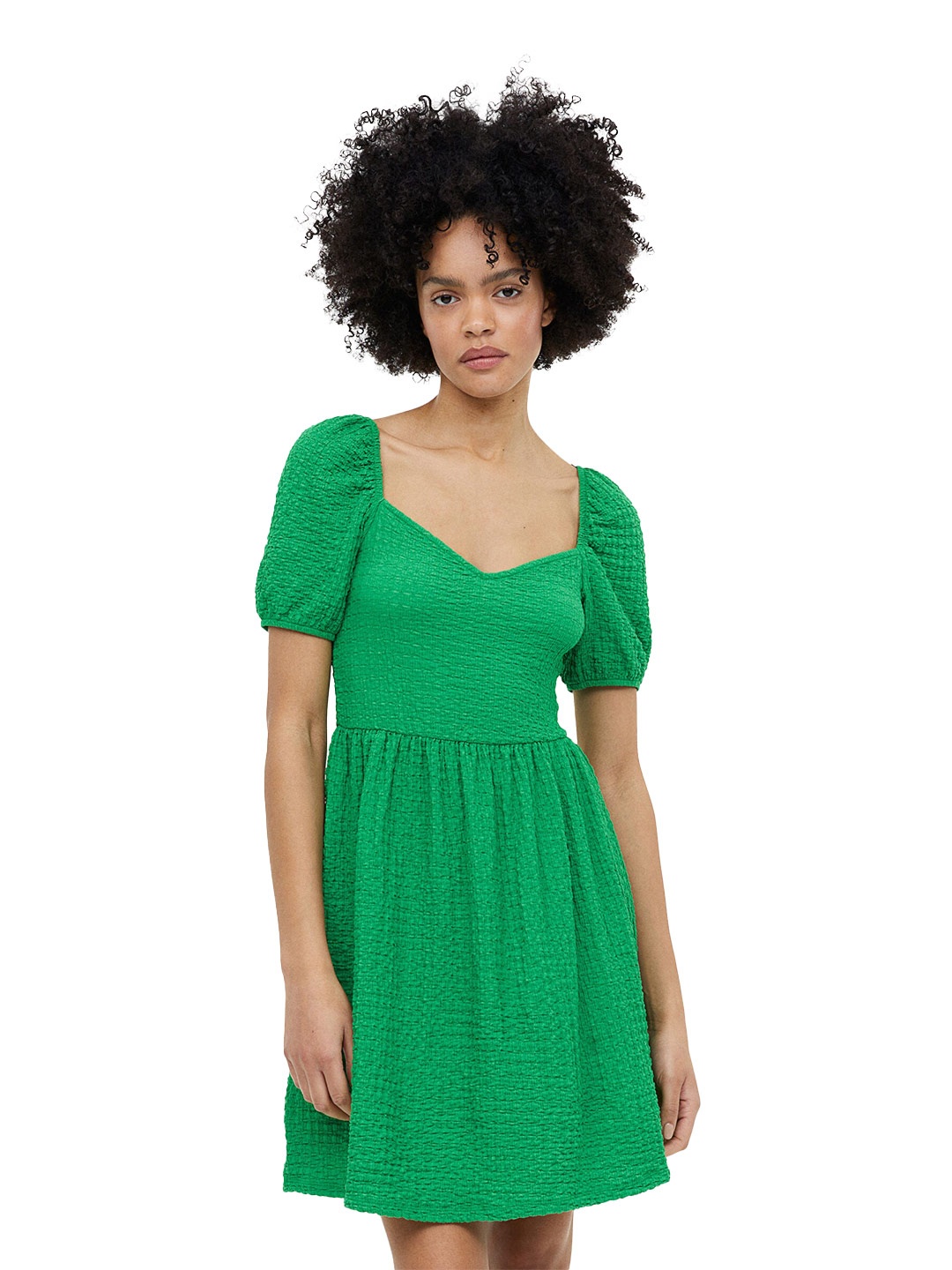

H&M Puff-Sleeved Textured Jersey Dress, Green