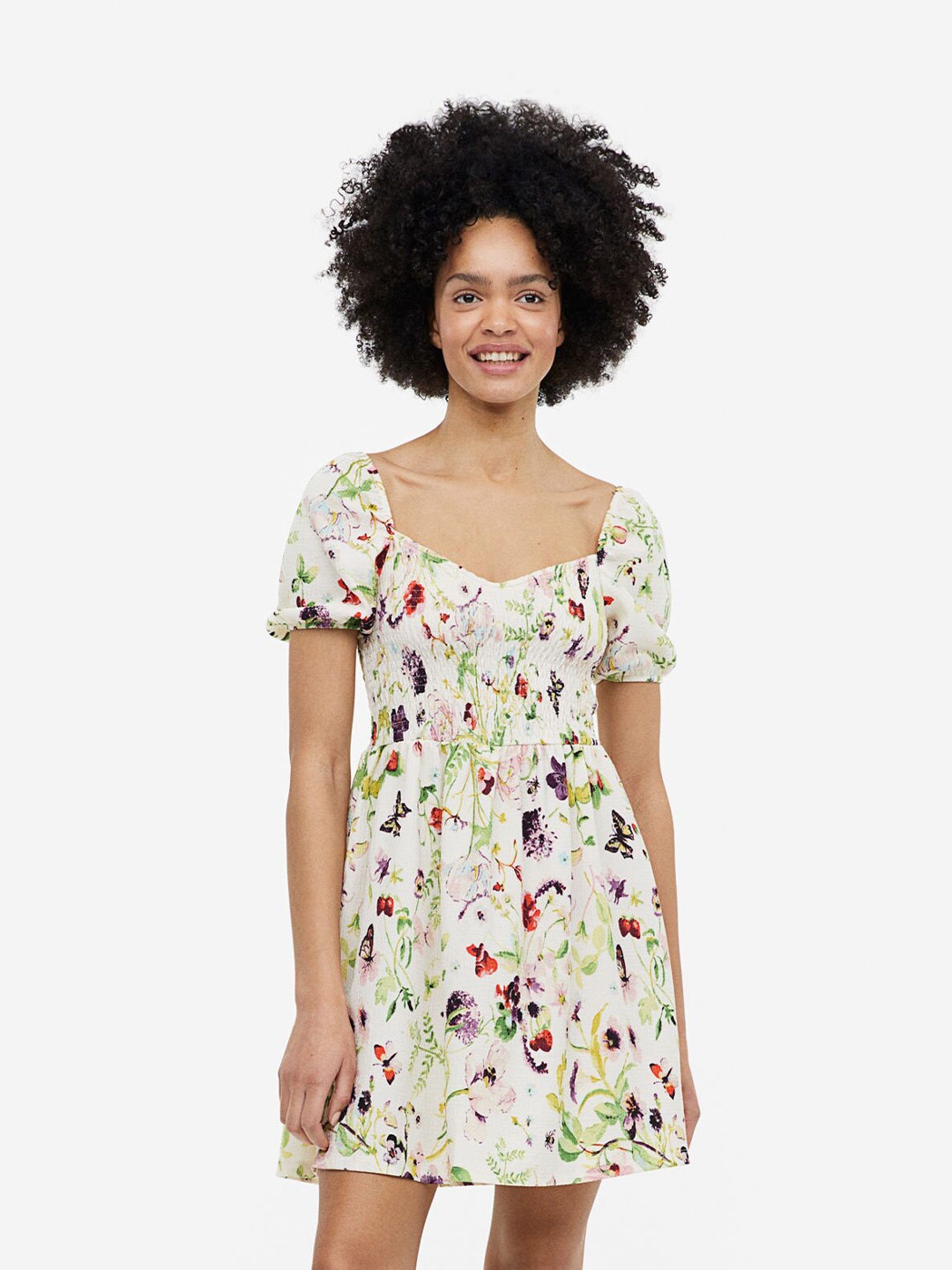 

H&M Puff-Sleeved Textured Jersey Dress, Off white