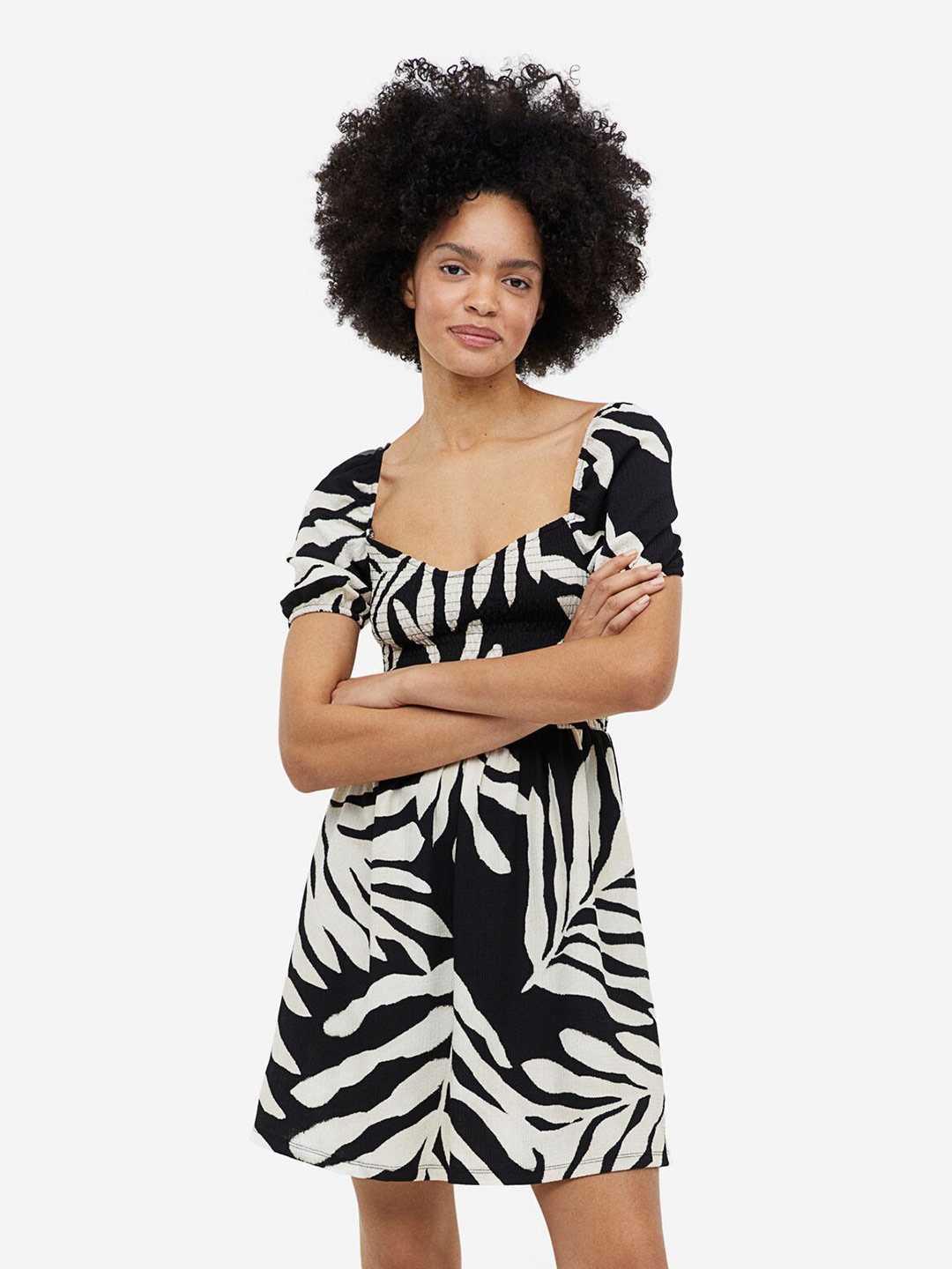 

H&M Puff-Sleeved Textured Jersey Dress, Black