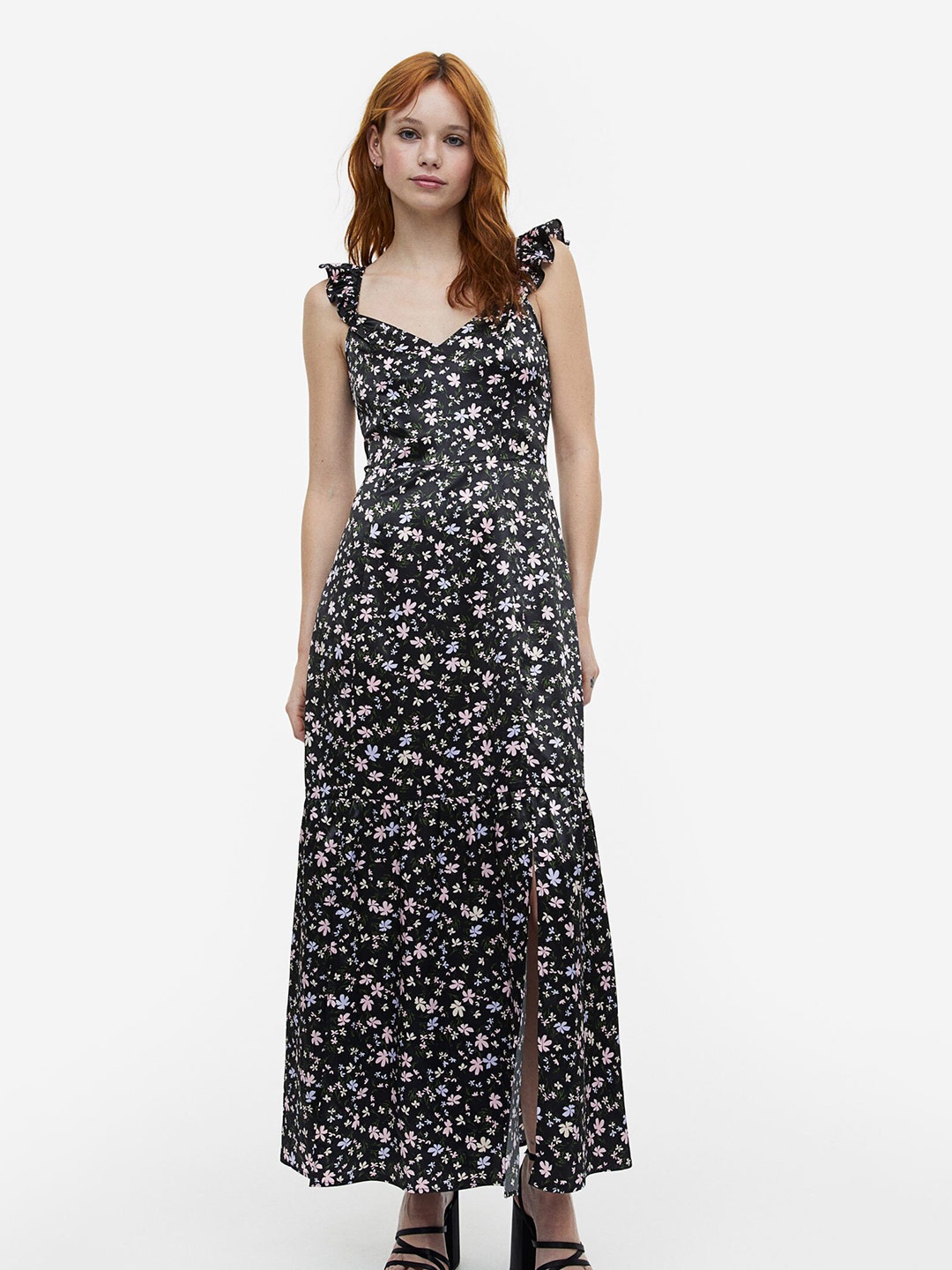 

H&M Frill-Trimmed Satin Dress, Black