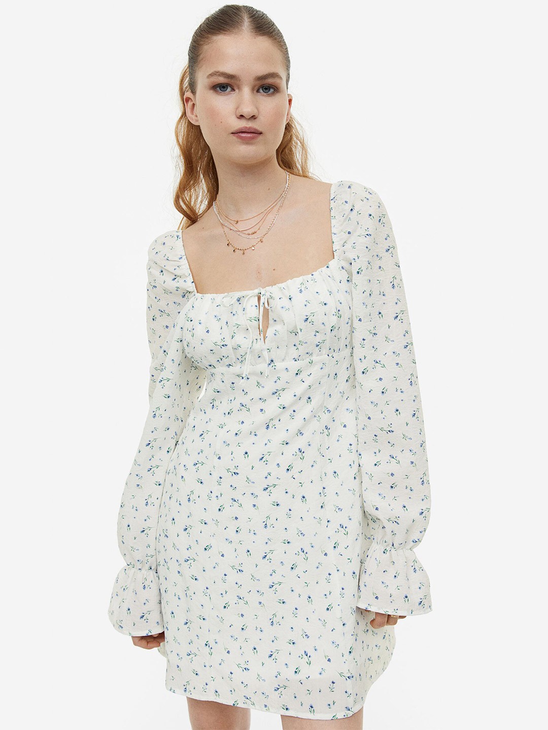 

H&M Puff-Sleeved Crepe Dress, White