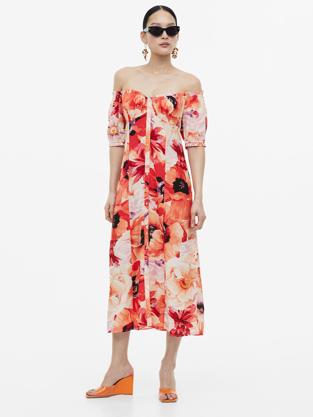 

H&M Off-The-Shoulder Crepe Dress, Orange