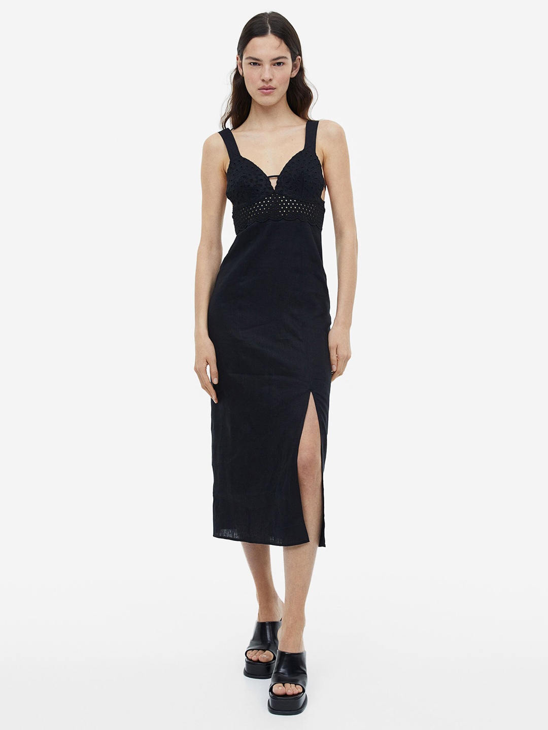 

H&M Linen Dress with Broderie Anglaise, Black