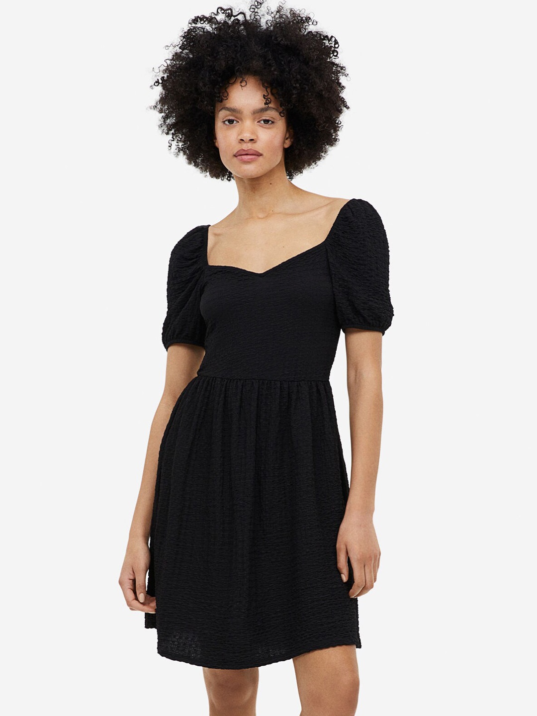 

H&M Puff-Sleeved Textured Jersey Dress, Black