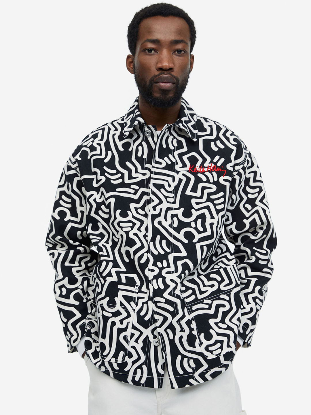 

H&M X Keith Haring Regular Fit Pure Cotton Twill Shacket, Black