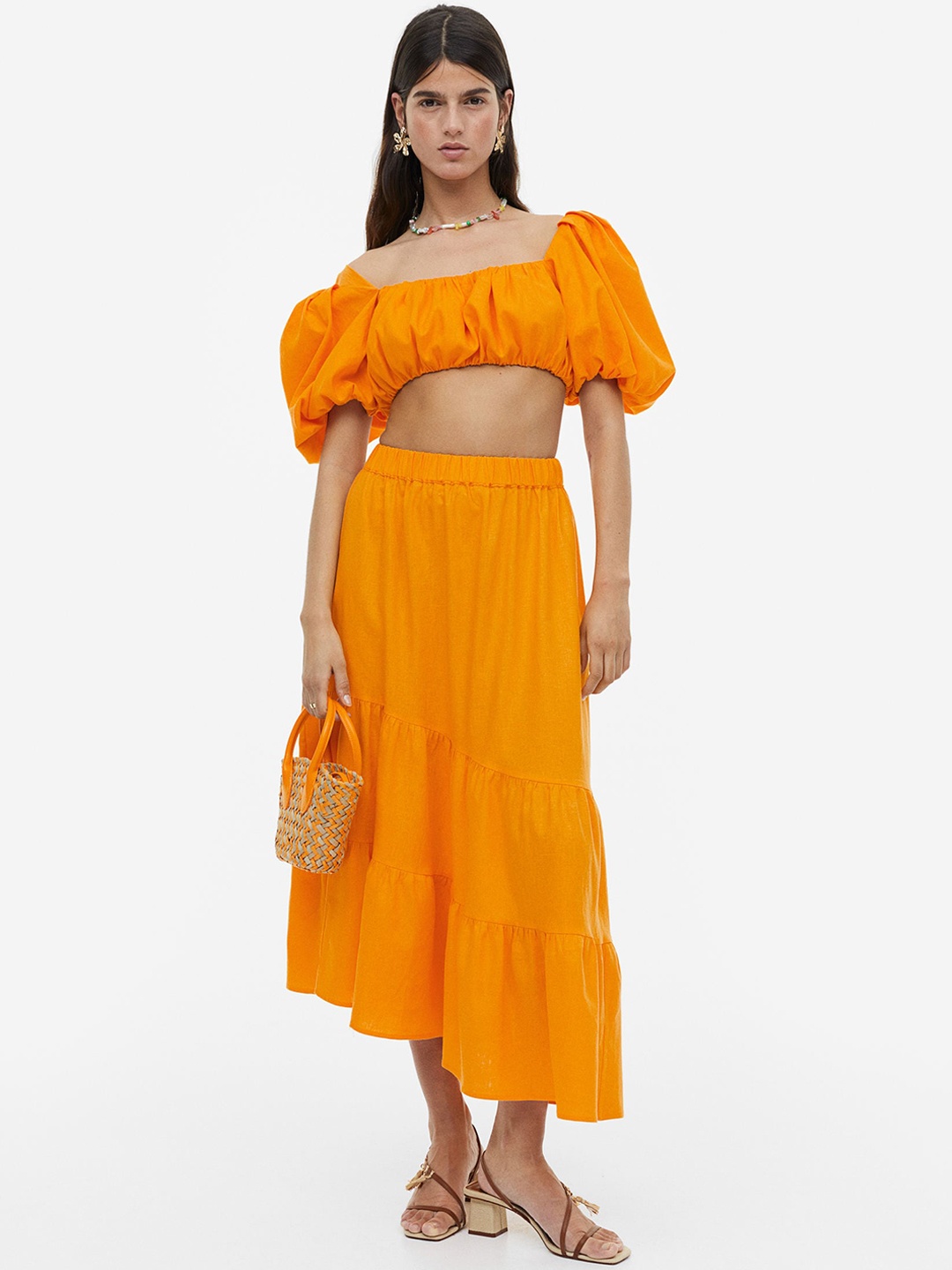 

H&M Asymmetric Linen-Blend Skirt, Orange